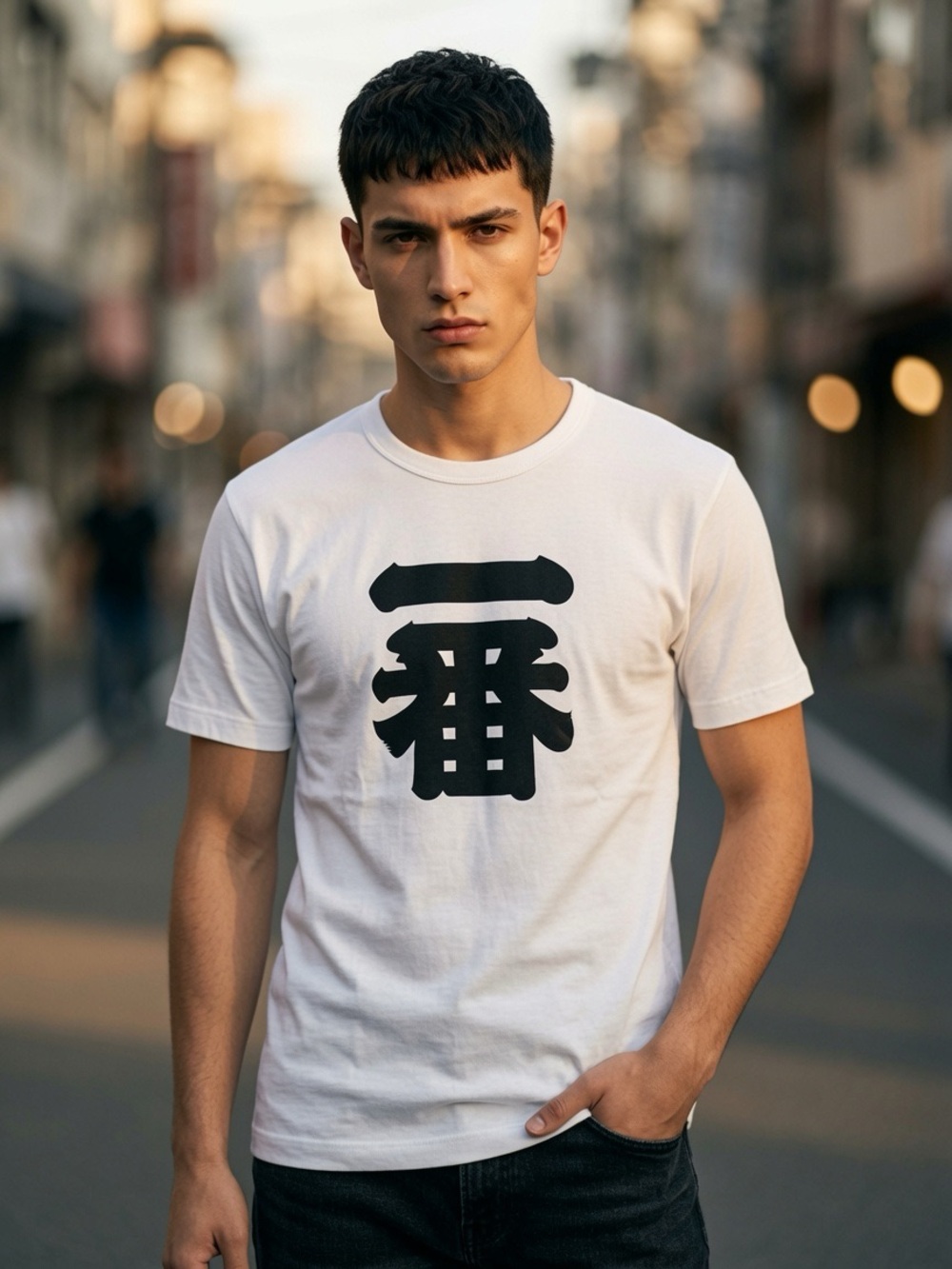 Ichi Ban Eggshell White Short-Sleeve Crewneck Tee Kanji Graphic Made in Japan